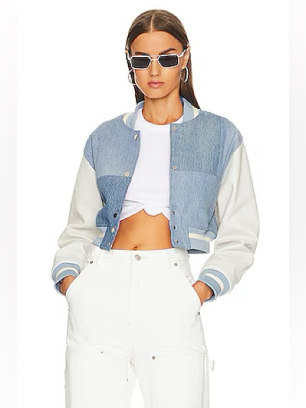 EB DENIM Cropped Blue and White Varsity Light Jean Jacket size L